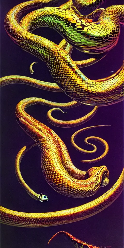 Image similar to the great pearlescent multicolored serpent leviathan hyperrrealistic curling around the planet syd mead dali dramatic lighting