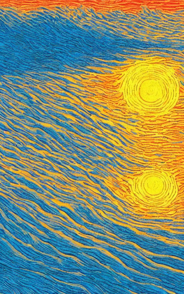 Prompt: a beautiful sunset on a beach, fractal waves. retro minimalist art by jean giraud and van gogh.