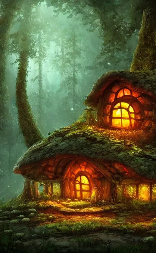 Image similar to a mushroom house in the middle of a forest at night, the lights are on, dynamic lighting, photorealistic fantasy concept art, trending on art station, stunning visuals, creative, cinematic, ultra detailed