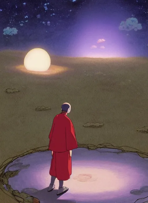 Image similar to a realistic cell - shaded studio ghibli concept art from paprika ( 2 0 0 6 ) of a floating cube from close encounters of the third kind ( 1 9 7 7 ) and a monk meditating on a misty starry night. very dull colors, hd, 4 k, hq