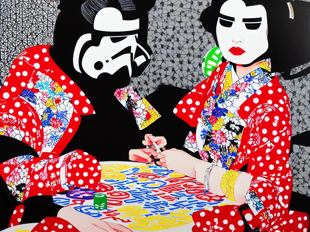 Image similar to hyperrealism composition of the detailed single woman in a japanese kimono sitting at an extremely detailed poker table with stormtrooper, fireworks, river on the background, pop - art style, jacky tsai style, andy warhol style, acrylic on canvas