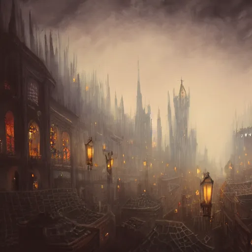 Prompt: fantasy dark vampire cityscape, painting, drone shot, lights in the dark, lanterns, fog, people in the streets, sharp roofs, city wall, smoke, dark fantasy, magic the gathering, fantastic artwork, 4 k, trending on artstation, by greg rutkovski, high fantasy, barren landscape