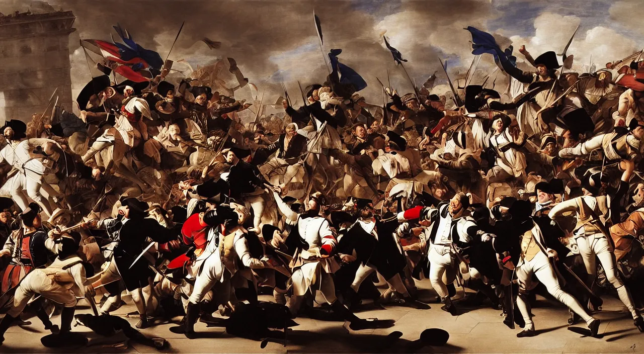 Image similar to fashion editorial portrait of french revolution storming of the bastille, highly detailed, by erwin olaf, by caravaggio, by velazquez