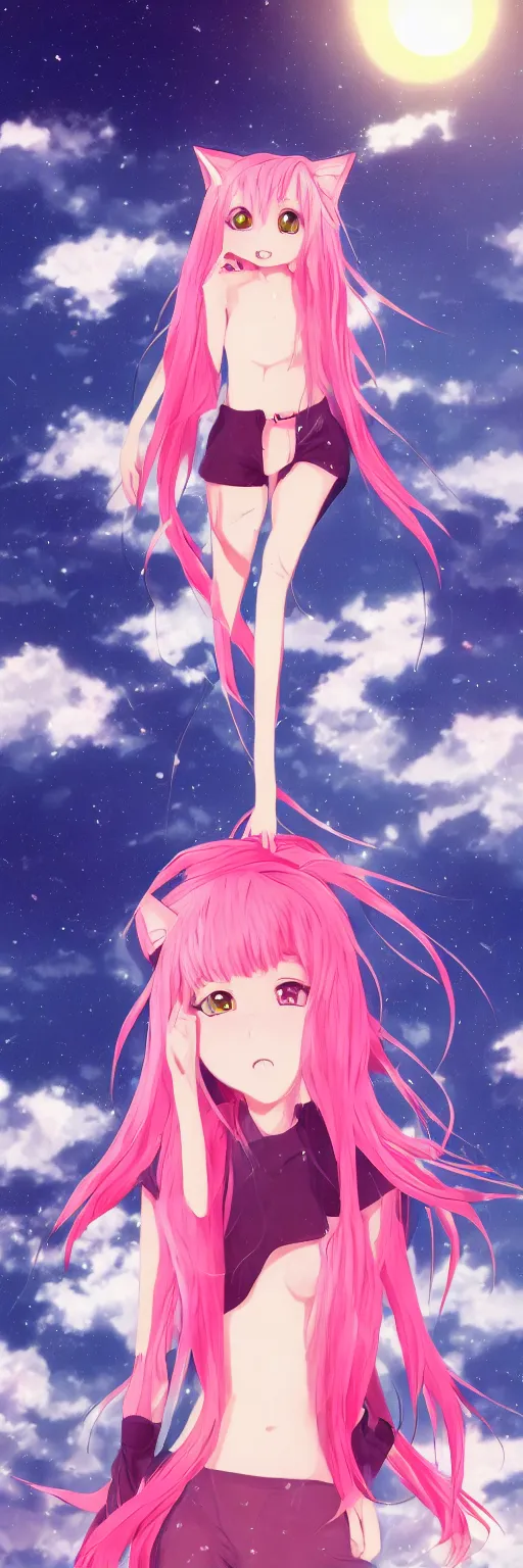 Prompt: A beautiful anime cat girl with pink hair, rule of thirds, digital art, iphone wallpaper, cgsociety, trending on artstation, sunset backgroung with shooting stars in the sky