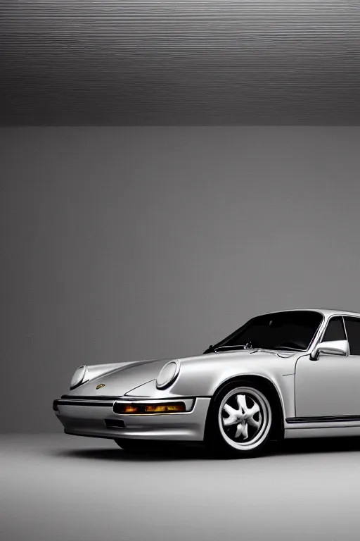 Image similar to Photo of a silver Porsche 911 Carrera 3.2, daylight, dramatic lighting, award winning, highly detailed, 1980s Versace ad, Fashion photography, trending on artstation.