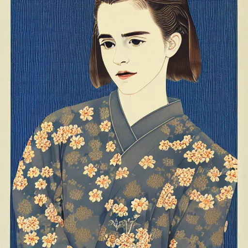 Image similar to emma watson portrait by ikenaga yasunari and ayana otake and ko rakusui, 6 0 s poster, drawing, realistic, sharp focus, japanese, dreamy, nostalgia, faded, golden hues, floral clothes