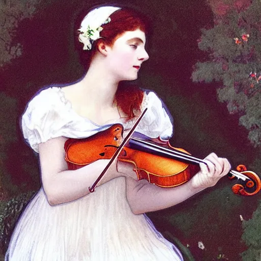 Image similar to A young edwardian woman wearing a white dress, holding a violin in her hands, in the style of mucha