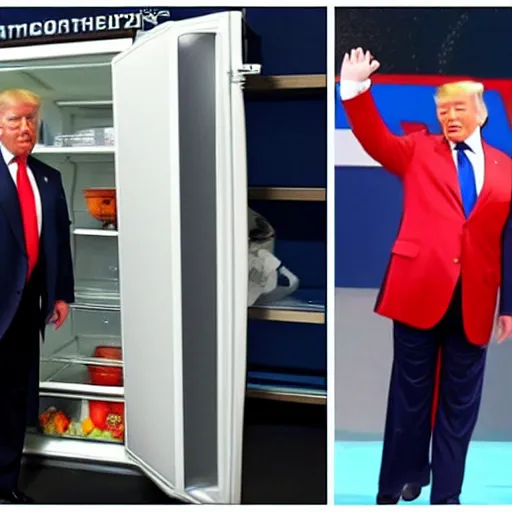 Prompt: Donald Trump throwing fridge at Vladimir Putin