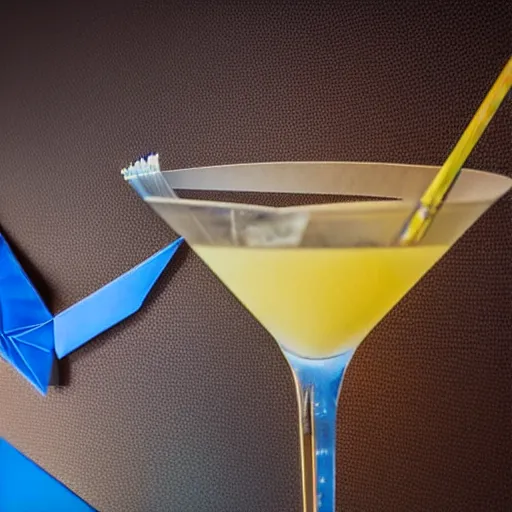 Image similar to a 3 d rendered movie still, 4 k, wide - angle medium - shot. on top of a bar, a blue hawaiian martini martini next to a small origami bird. a dart board on a wall in the background. it's happy hour, high - energy. imax, 7 0 mm dramatic lighting, digital art, photorealistic, ultra detail blade runner