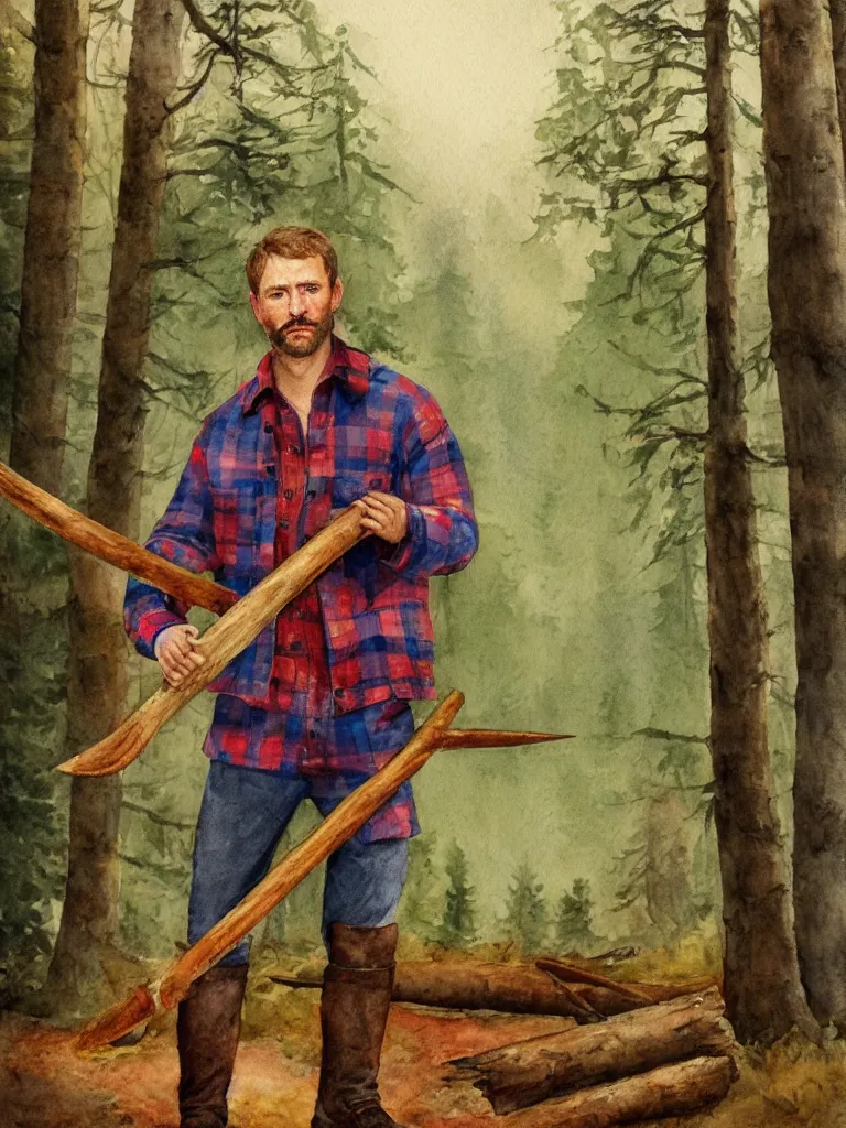 Image similar to a watercolor painting of a man wearing lumberjack clothes and holding a axe by william turner, forest in the background, warm colors, anatomically correct, five fingers, realistic and defined face, realistic, digital painting, masterpiece, watercolor, william turner, symmetrical, low contrast, warm