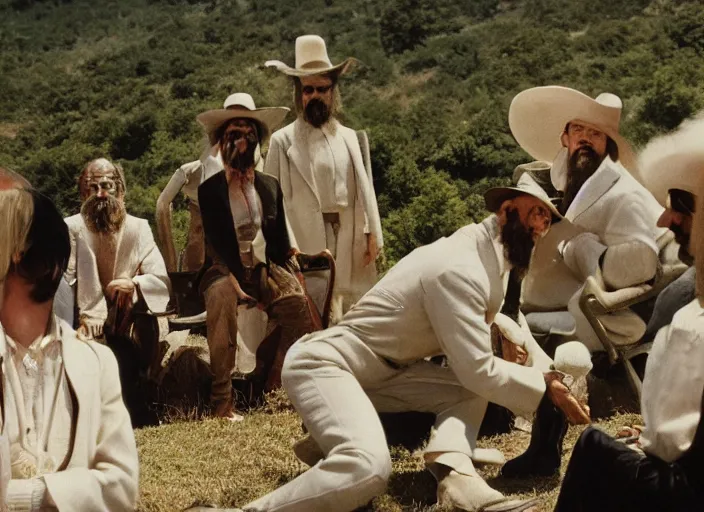 Image similar to 7 0 mm still from the holy mountain film by alejandro jodorowsky, intense scene in a picturesque outdoors setting, extra terrestrial beings in suits holding mirrors for people, close - up view of the actors'faces, technicolor, 8 k