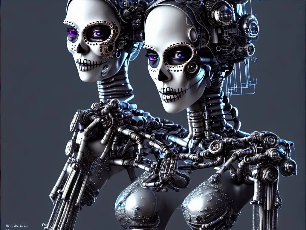 Image similar to ultra detailed, Mechanical Cyberpunk Female Android, dia de los muertos, cyberpunk, fantasy, intricate details, elegant, super highly detailed, professional digital painting, artstation, concept art, smooth, sharp focus, no blur, no dof, extreme illustration, Unreal Engine 5, Photorealism, HD quality, 8k resolution, cinema 4d, 3D, beautiful, cinematic, art by artgerm and michael welan and DZO and greg rutkowski and alphonse mucha and loish and WLOP