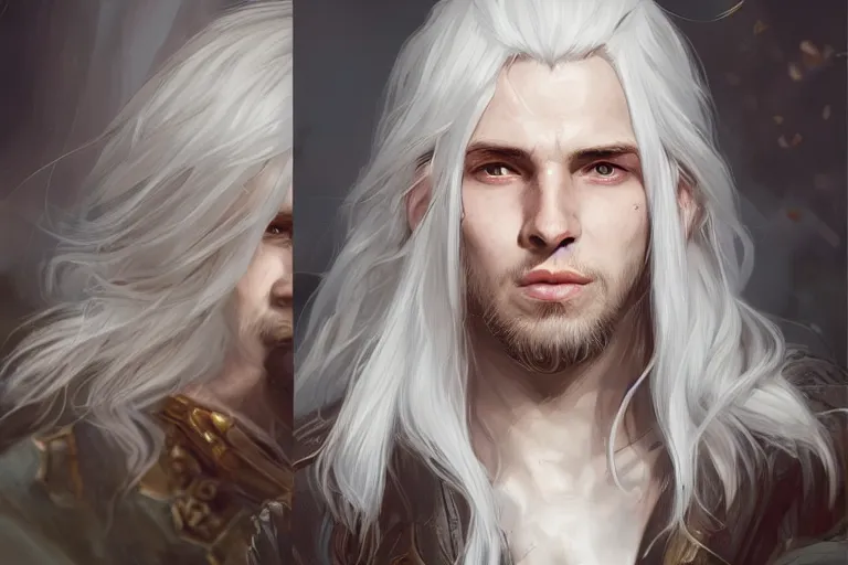 Image similar to young cute beautiful man with long white hair, d & d, fantasy, portrait, highly detailed, headshot, digital painting, trending on artstation, concept art, sharp focus, illustration, art by wlop