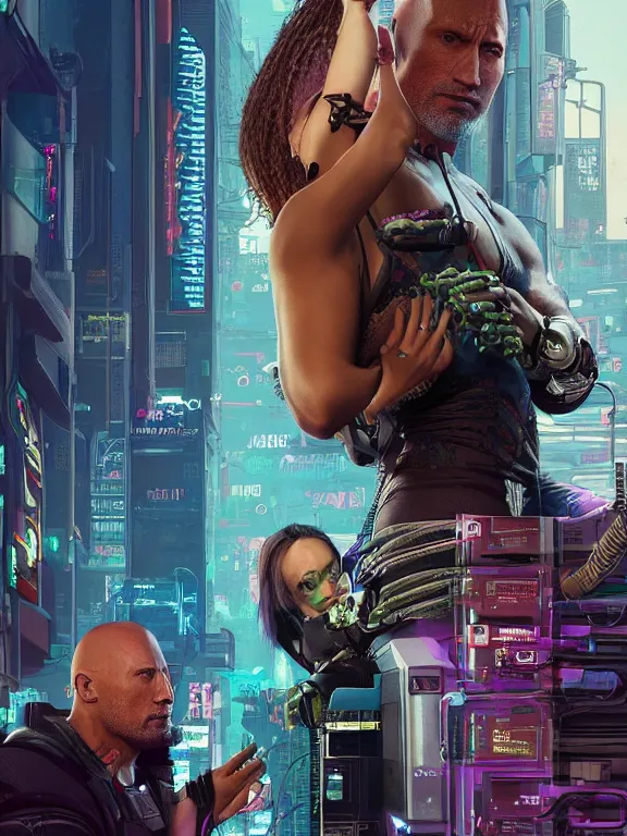 Image similar to a cyberpunk 2077 portrait of Dwayne Johnson holding a female android,love moive pose,complex mess of cables and wires behind them connected to giant computer,film lighting,by laurie greasley,Lawrence Alma-Tadema,William Morris,Dan Mumford, trending on atrstation,full of color,face enhance,sharp focus, highly detailed,8K, octane,golden ratio,cinematic lighting