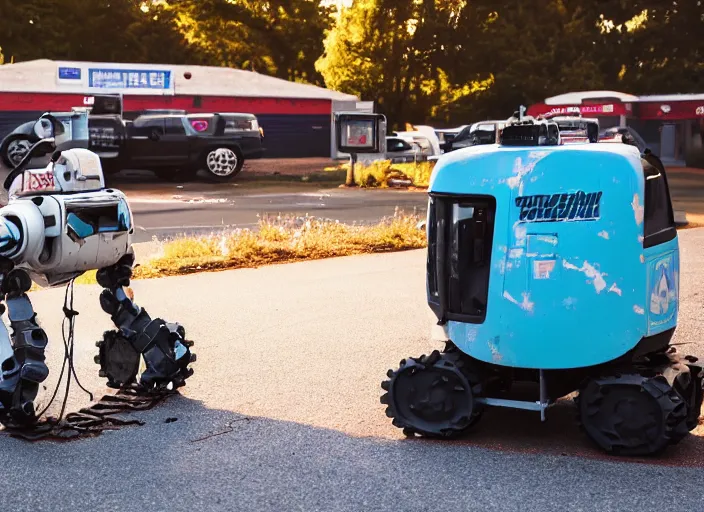 Prompt: a broken down battle robot in the parking lot of a convenience store at dusk