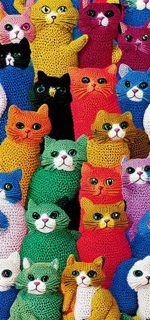 Image similar to multicolored crocheted cats, 1 9 9 0 s catalogue photo,