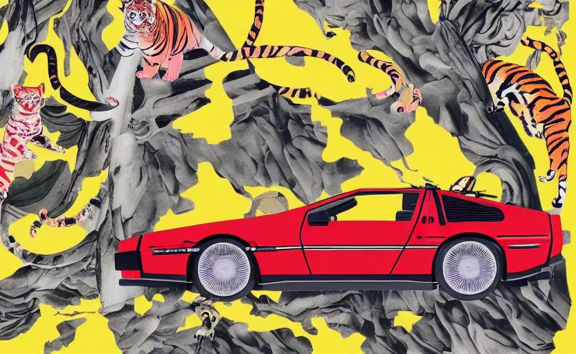 Image similar to a red delorean and yellow tiger, abstract art by hsiao - ron cheng and utagawa kunisada, magazine collage, no humans, # de 9 5 f 0