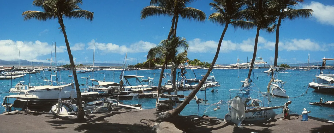 Prompt: 35mm photo Lahaina Harbor, Maui, Hawaii, ocean and sky by June Sun