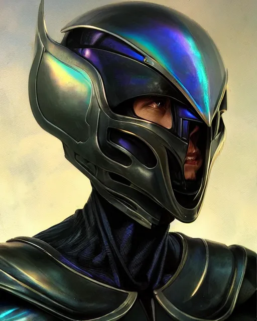 Image similar to character concept of iridescent sinewy smooth muscular male sleek glossy indigo black pearlescent liquid metal scifi armor with smooth black featureless helmet, by greg rutkowski, mark brookes, jim burns, tom bagshaw, magali villeneuve, trending on artstation