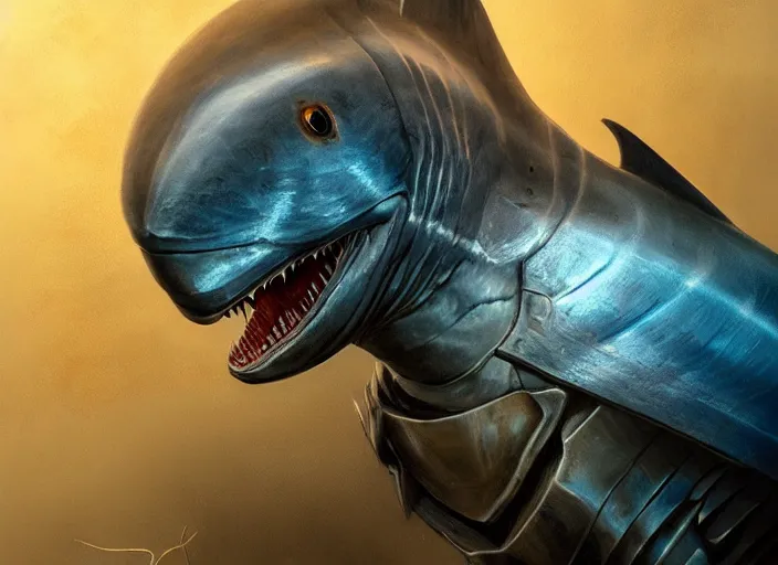 Image similar to beautiful oil matte portrait painting, thresher shark in knight armor, blue shark, fantasy, wonderful masterpiece highly detailed, scifi, beautiful cinematic light deep focus, elegant, digital painting, smooth, sharp focus, golden ratio, dramatic illumination, ultra realistic, 8 k, art by jimmy law