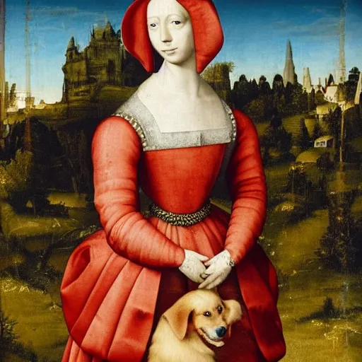 Image similar to a dog in a dress during the Renaissance