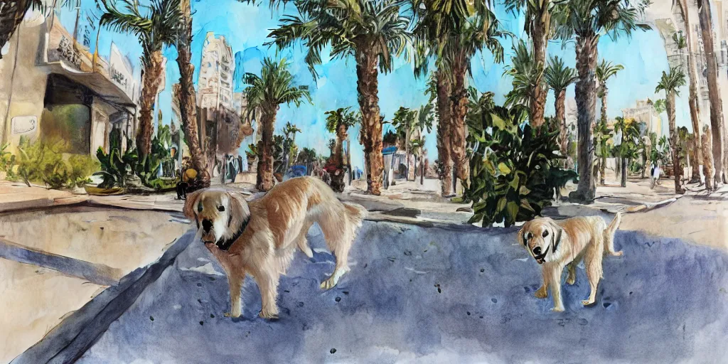 Image similar to photoreal golden retriever dog standing in tel aviv street looking at the camera. palm trees. optimistic. digital art. watercolor. highly detailed. drawing. art. colorful. fluffy