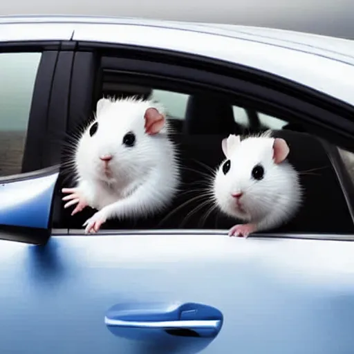 Prompt: full car, white hamster piloting a blue qashqai travelling on the road with open windows