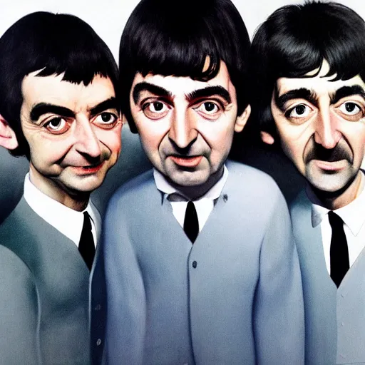 Image similar to the beatles except they're all mr. bean hyperrealism photo - realistic by james gurney artstation 8 k