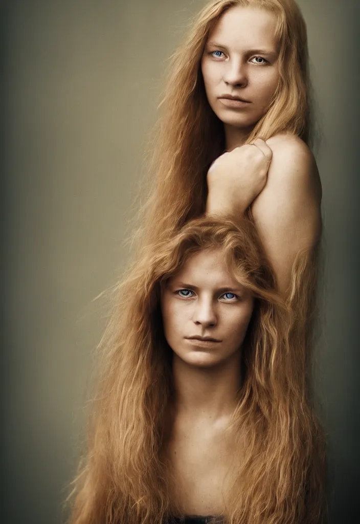 Image similar to portrait of a beautiful young scandinavian woman. studio photo by annie leibovitz.