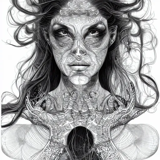 Image similar to holographic headset interface painted in alex grey style drawn by vania zouravliov, inspired by ooioo and sorayama and ikeuchi, intricate manga drawing, black and white, 3 d, high detail, sharp high detail, artstation, octane