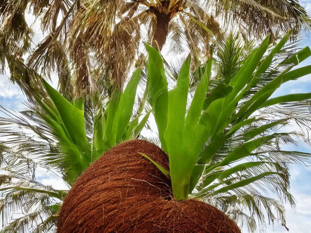 Image similar to a coconut with a palm tree growing inside of it,