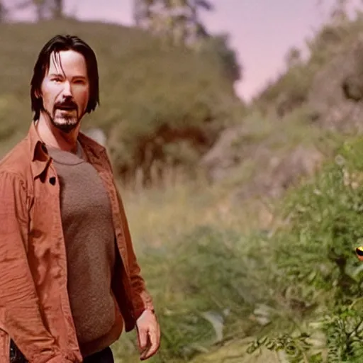 Image similar to A still of Keanu Reeves as Winnie the Pooh