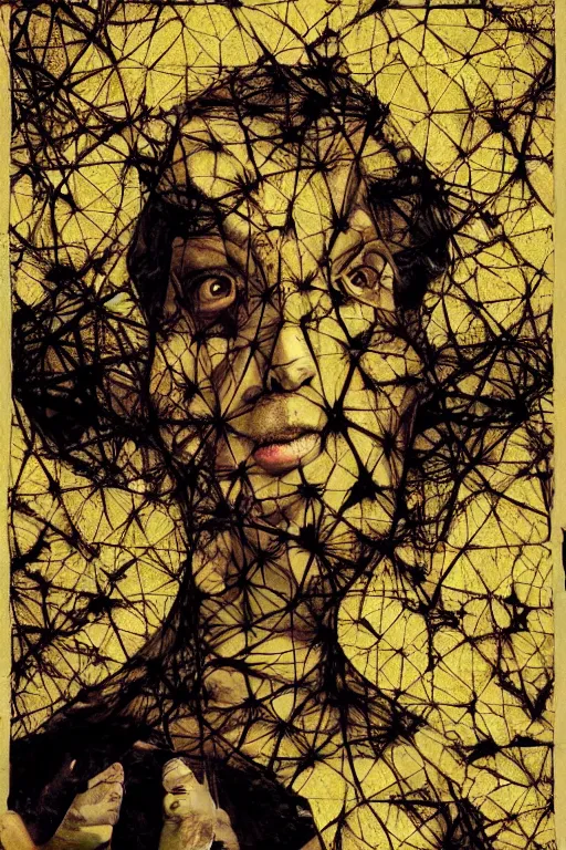 Image similar to Collage art Fractal personification of madness, despair, distressing collage, beautiful and creepy , silkscreen, textures, perfect geometry , epic composition, golden ratio, high quality printing