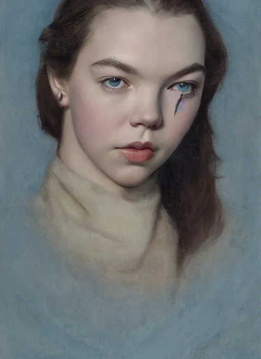 Prompt: realistic detail face portrait of Anya Taylor-Joy by Hans. Rudolf. Giger, Maxfield Parrish, Hans Heyerdahl, Realism painting