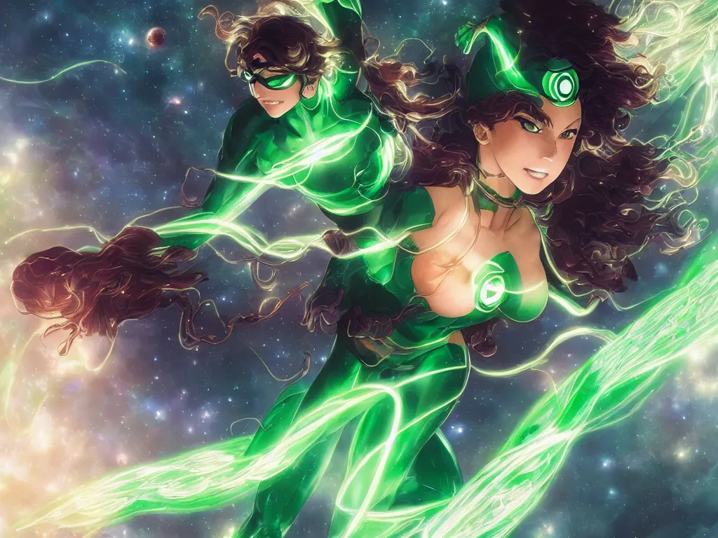 Image similar to anime key visual of one beautiful female green lantern, dc comics, power, hope, glowing, intricate, in space, stunning, highly detailed, digital painting, artstation, smooth, hard focus, illustration, art by artgerm and greg rutkowski and alphonse mucha