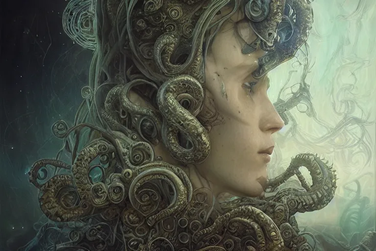 Prompt: a lovecraftian painting of cthulhu face of cosmic horror, cosmic horror elements, ultra realistic, concept art, intricate details, eerie, highly detailed, photorealistic, octane render, 8 k, unreal engine. art by artgerm and greg rutkowski and alphonse mucha