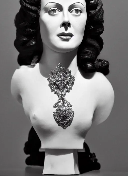 Image similar to high intricate bust of an hedy lamarr 1 9 4 0 carved from wood in baroque style, studio light, maria panfilova, andrea savchenko, mike kime, ludovic plouffe, qi sheng luo, oliver cook, trending on artstation