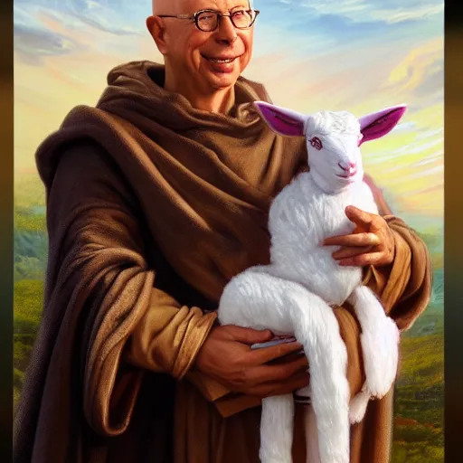 Image similar to a detailed fantasy character painting of Klaus Schwab holding an Android robot lamb dressed like Jesus Christ, by lauri blank, artgerm, evelyn de morgan, 8K, 50mm lens