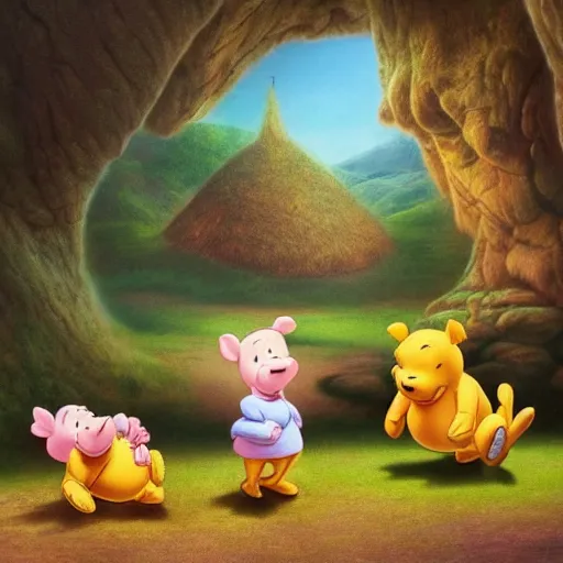 Image similar to Winnie the poo playing with piglet and owl 4k extremely detailed surrealism