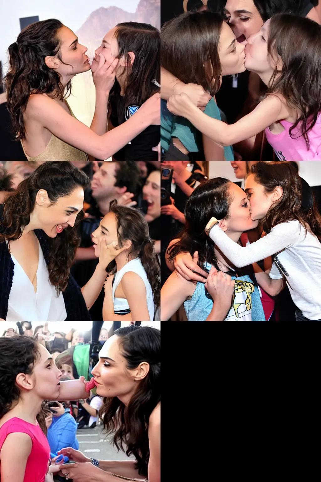 Prompt: gal gadot kisses a young fan on the left cheek