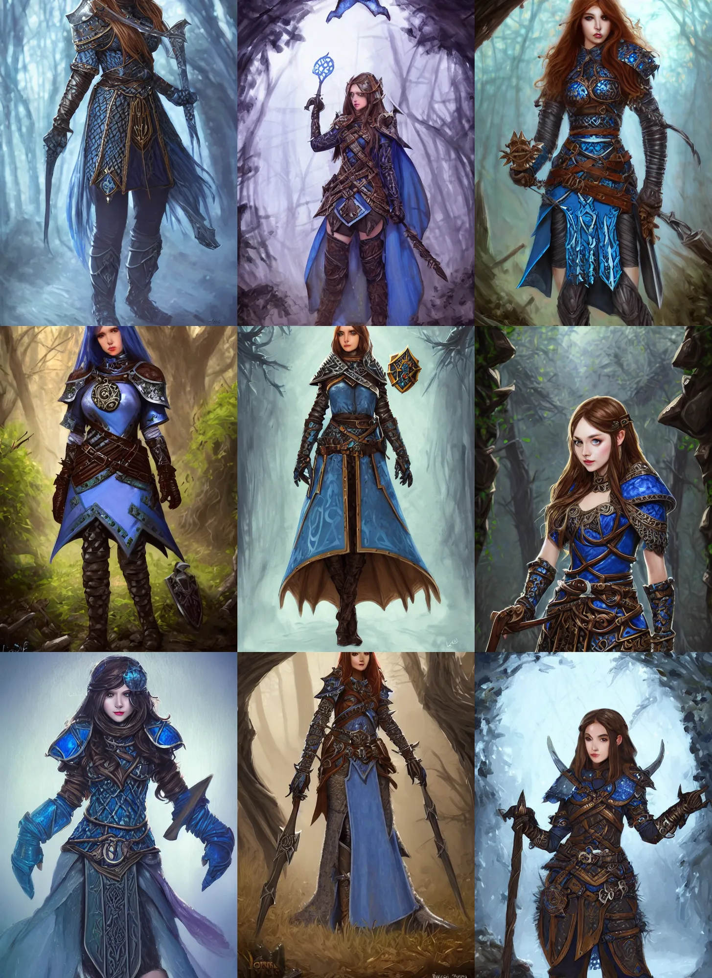 Prompt: knight female chainmail blue surcoat tabard in the grim forest, elf long weaving brown hair, round medallion, leather gloves, blue surcoat, wide belt scabbard, shield, dnd fantasy, intricate, digital painting, artstation, concept art, matte, sharp focus, illustration, hearthstone, art by loes romero, artgerm, mucha