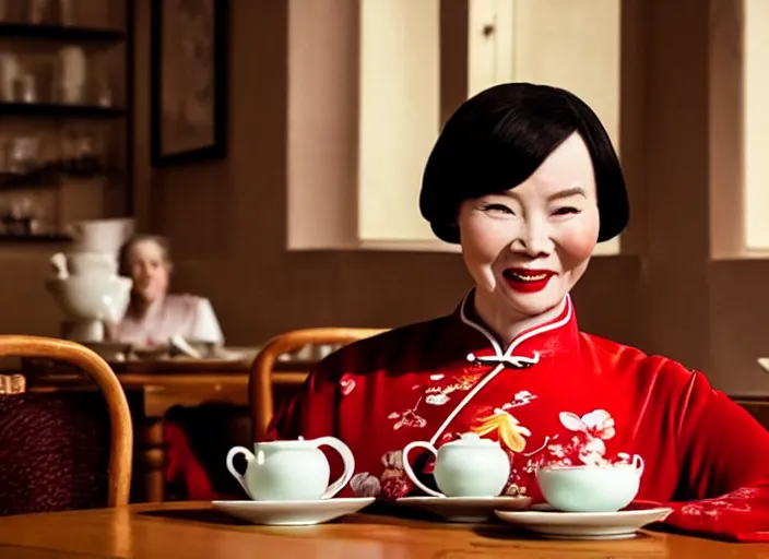 Image similar to movie still of a woman made out of porcelain sitting at a table in a cafe, wearing a red cheongsam, smooth white skin, creepy smile, tea set in foreground, directed by Guillermo Del Toro