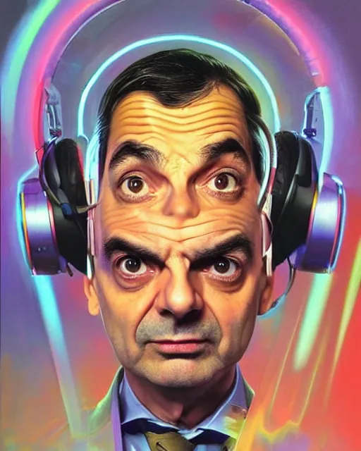 Prompt: mr bean as future coder man looking on, sleek cyclops display over eyes and sleek bright headphoneset, neon accent lights, holographic colors, desaturated headshot portrait digital painting by dean cornwall, rhads, john berkey, tom whalen, alex grey, alphonse mucha, donoto giancola, astronaut cyberpunk electric