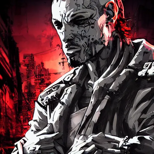 Image similar to a post-apocalyptic cyberpunk grimdark martial artist in the style of leonard boyarsky in the style of Yoji Shinkawa detailed realistic HD 8k High Resolution