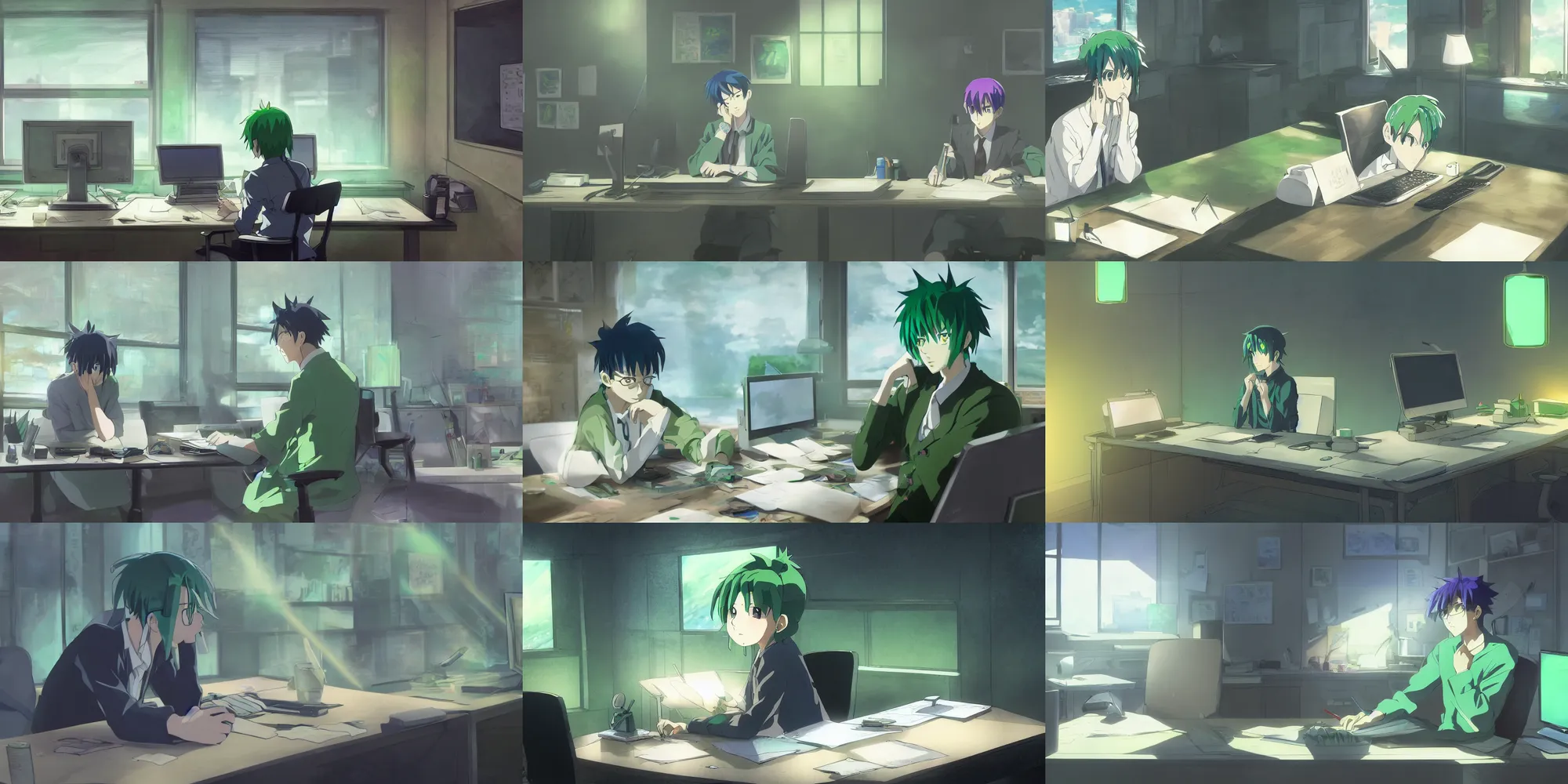 Prompt: a detailed digital painting of a green - haired anime man sitting at a desk in his bedroom, tired, staring at the computer and drawing on a wacom tablet, in a hd screenshot in the anime film by makoto shinkai, dramatic lighting and composition, trending on artstation, concept art