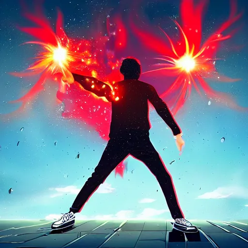 Image similar to man hitting the ground creating a explosion, anime, album cover, rain