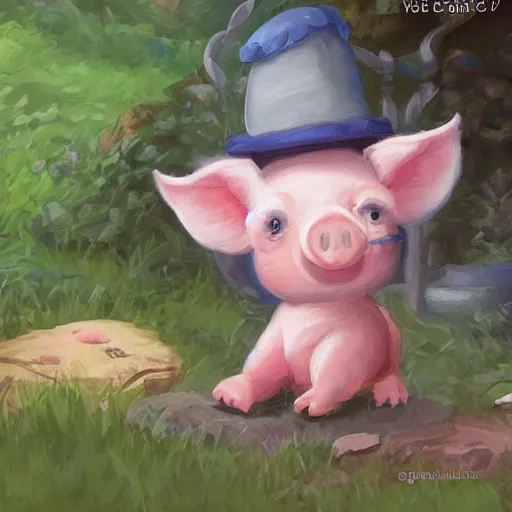 Image similar to cute and adorable miniature piggy 🐖 wearing a cute hat on garden during a summer day, chibi, anime, highly detailed, digital painting, artstation, concept art, smooth, sharp focus, illustration, art by yee chong and sydney hanson and rossdraws and greg rutkowski