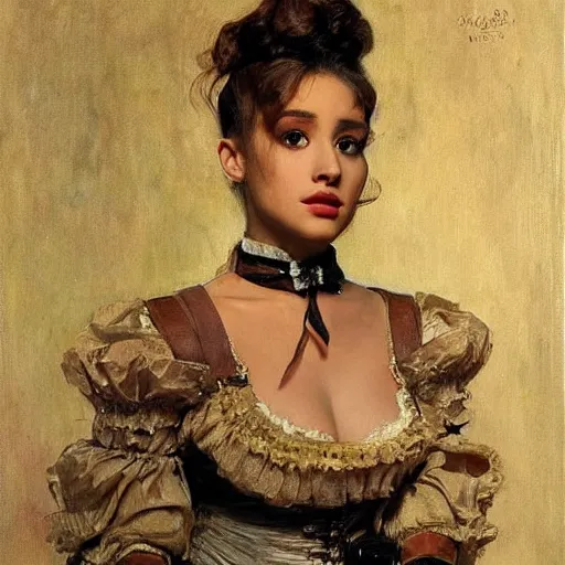 Image similar to Portrait of Ariana Grande in a steampunk blouse, vintage shading, by Ilya Repin