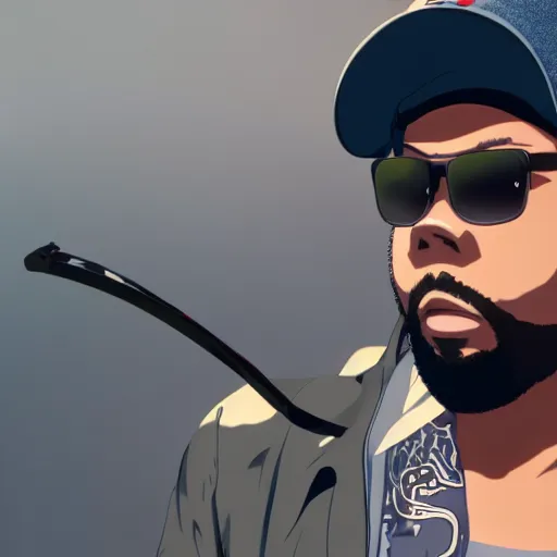 Prompt: an epic anime of ice cube smoking weed on a motorcycle with moto moto, ghibli, unreal 5, daz, hyperrealistic, octane render, rpg portrait, dynamic lighting