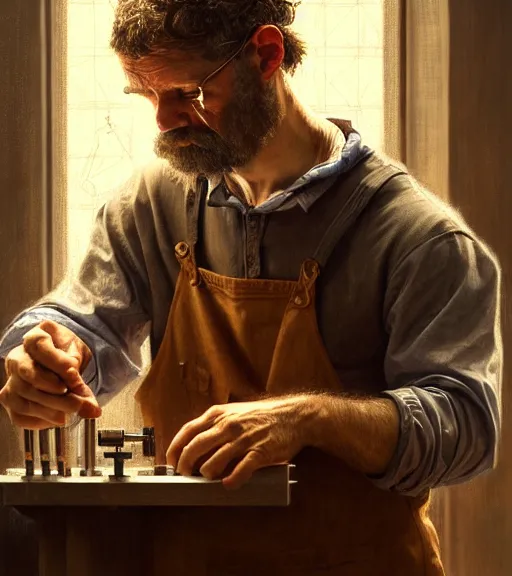 Prompt: portrait of a man building a machine, intense emotion, detailed facial expression, detailed surroundings, intricate, elegant, highly detailed, centered, digital painting, artstation, concept art, smooth, sharp focus, illustration, by ( leonardo da vinci ), wlop